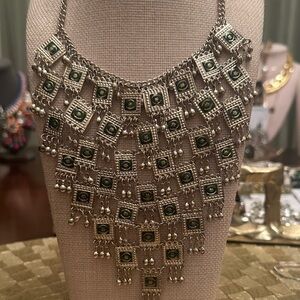 Elegant Silver and Green Statement Necklace
